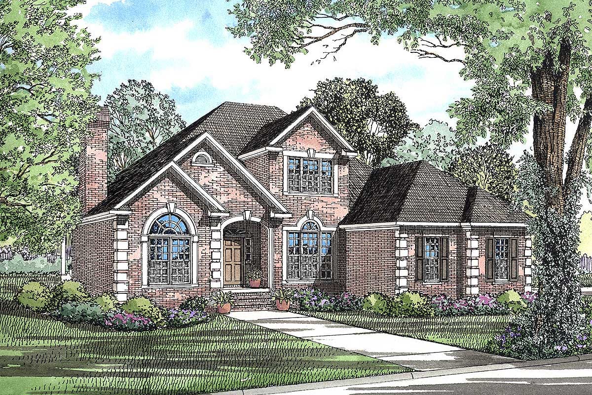 House plan exterior rendering. Two-story brick home with gabled roof, arched windows, and front entry porch with arched portico. 