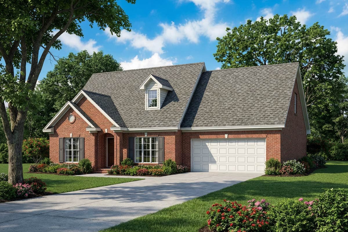 A brick house with a gray roof and a white garage door. The home has a landscaped yard with a driveway leading up to the house.