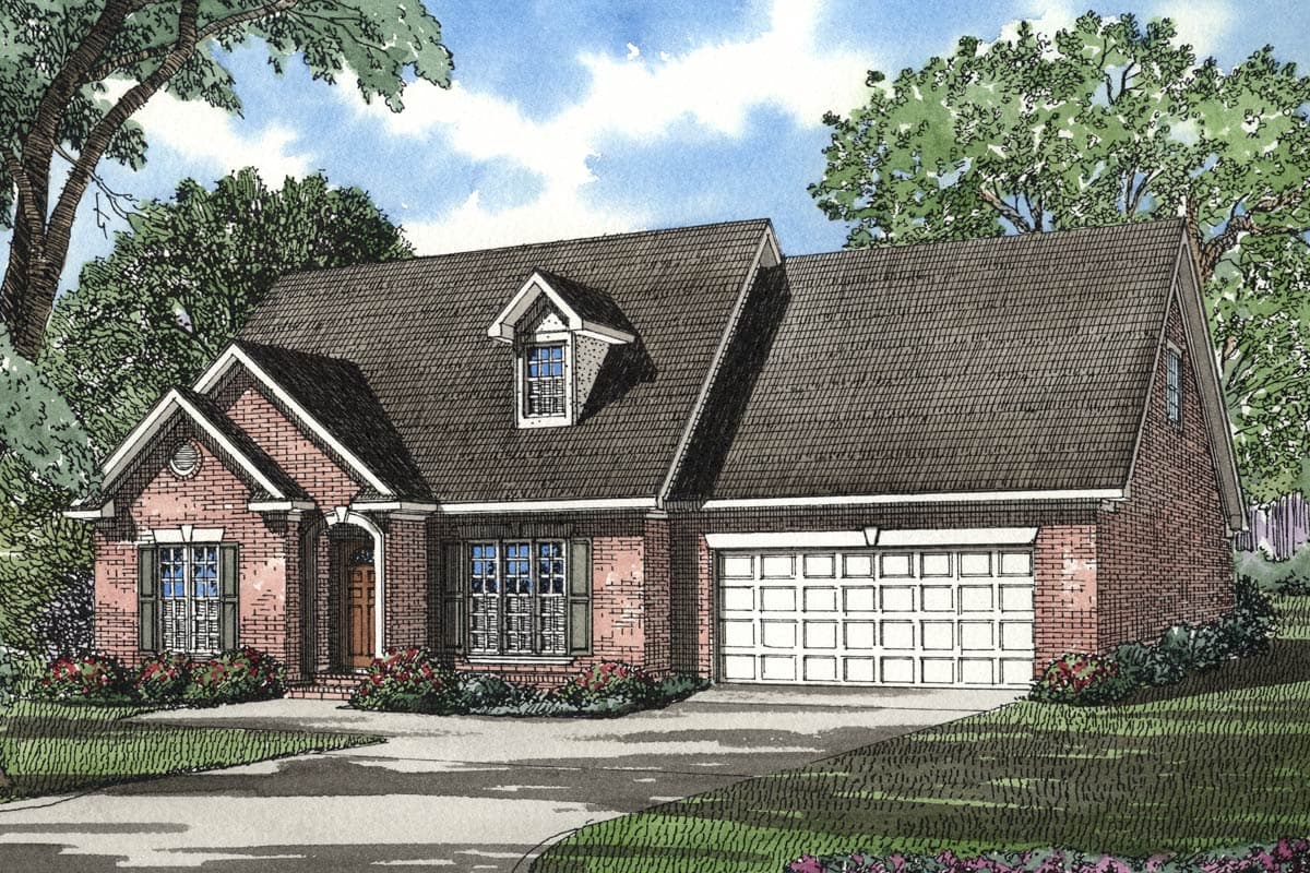 House plan exterior: Brick ranch with a front-facing gable, covered entryway, dormer, and a two-car garage.