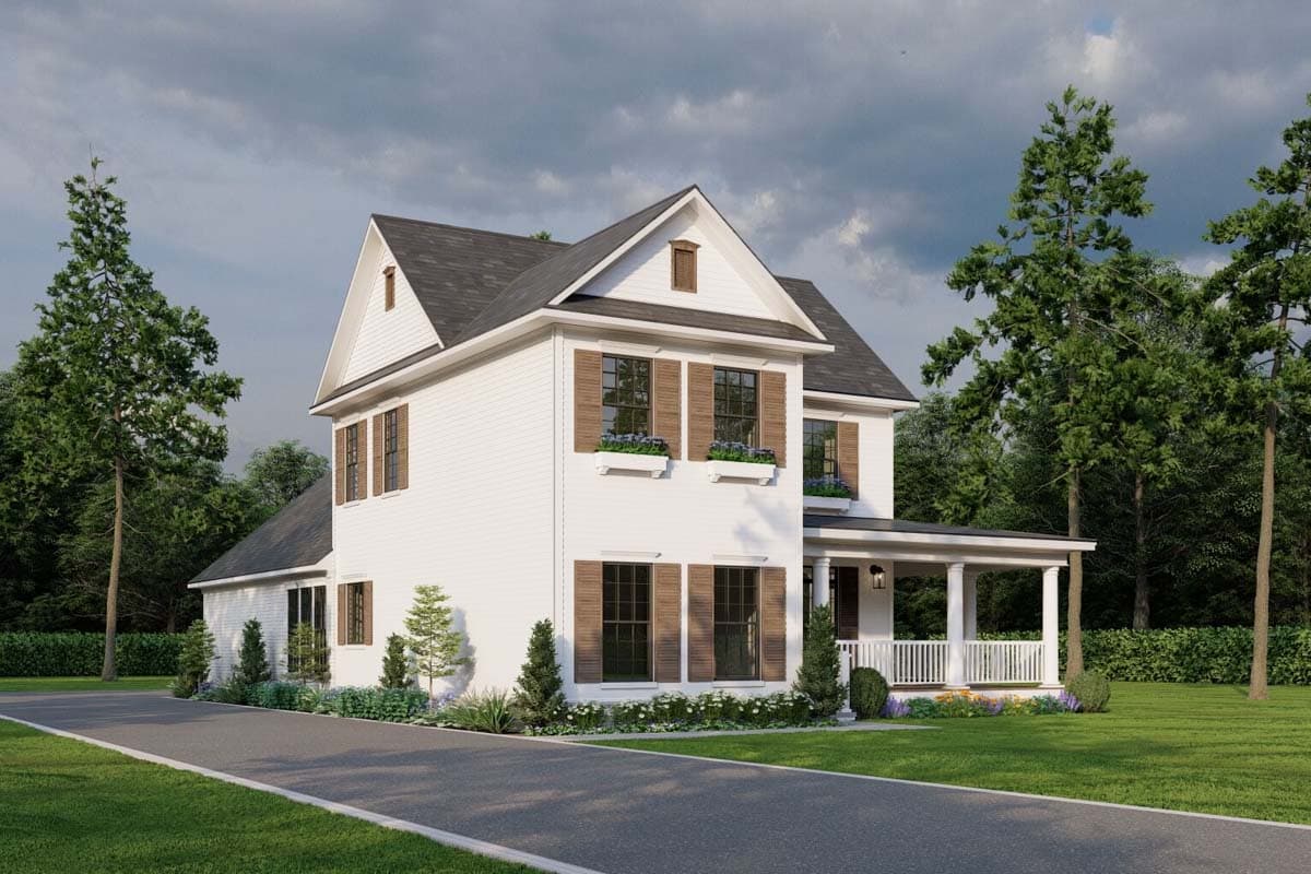 House plan exterior: Two-story modern farmhouse with gabled roof, prominent dormer, and wraparound porch.