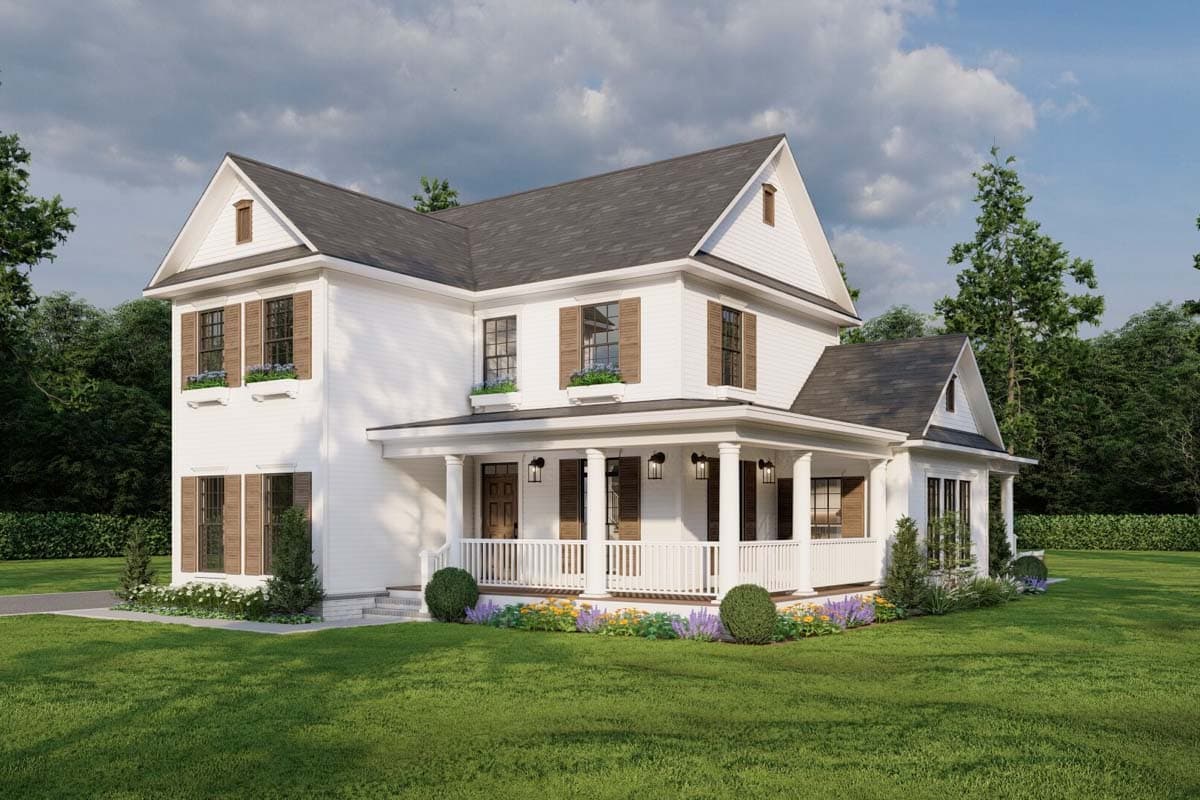 House plan exterior: two-story modern farmhouse with wrap-around porch, prominent gables, and dark-shuttered windows.