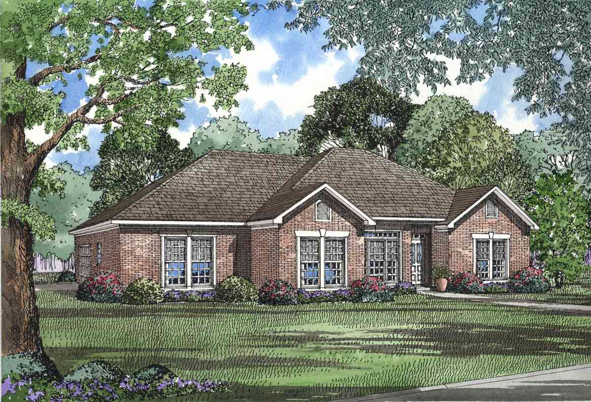 House plan exterior of a one-story brick home with a gabled roof, prominent gables, and large, multi-paned windows.
