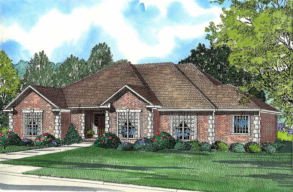 Ranch style house plan exterior with brick facade, prominent gables, and a covered entry. Single story.