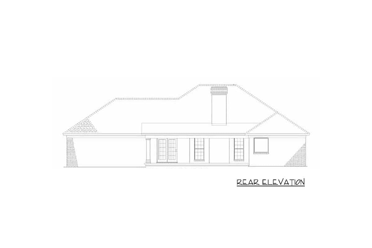 Rear elevation drawing of a one-story house with double doors, multiple windows, and a prominent chimney.