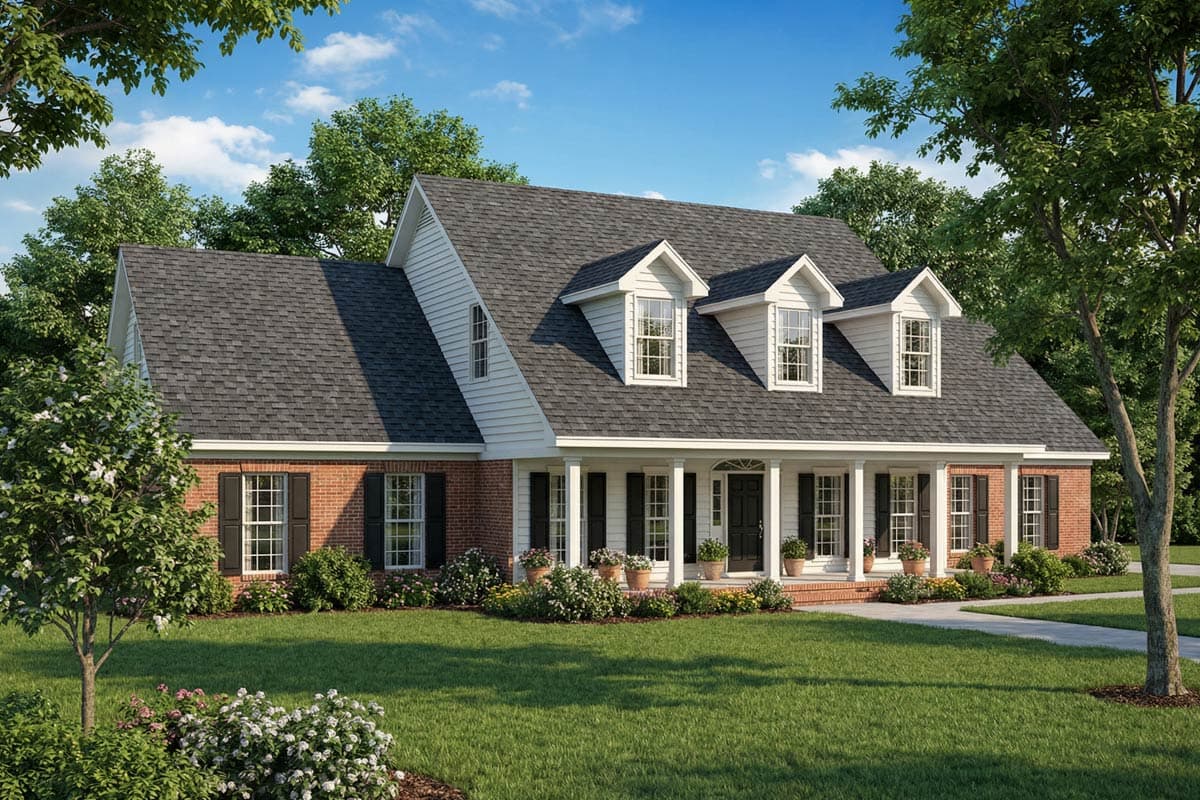 A two-story house with a brick facade and a wide porch. Three dormers sit atop the gray shingled roof. Landscaping surrounds the house.