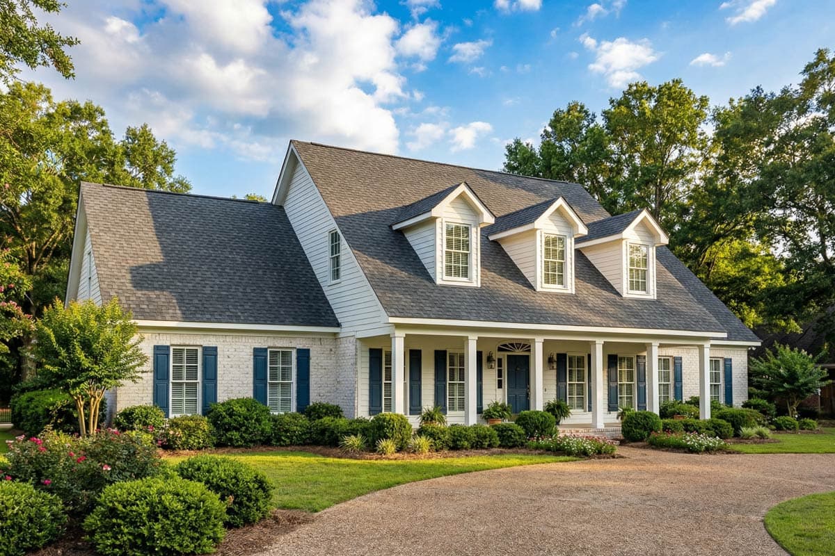 House plan exterior: Two-story brick residence with a covered front porch, dormer windows, and a side-facing garage.