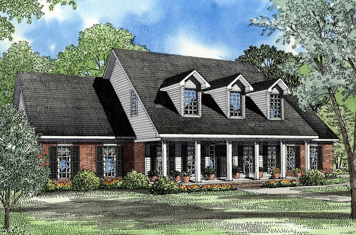 House plan exterior: One-story brick home with a deep covered porch, three gabled dormers, and multi-pane windows.