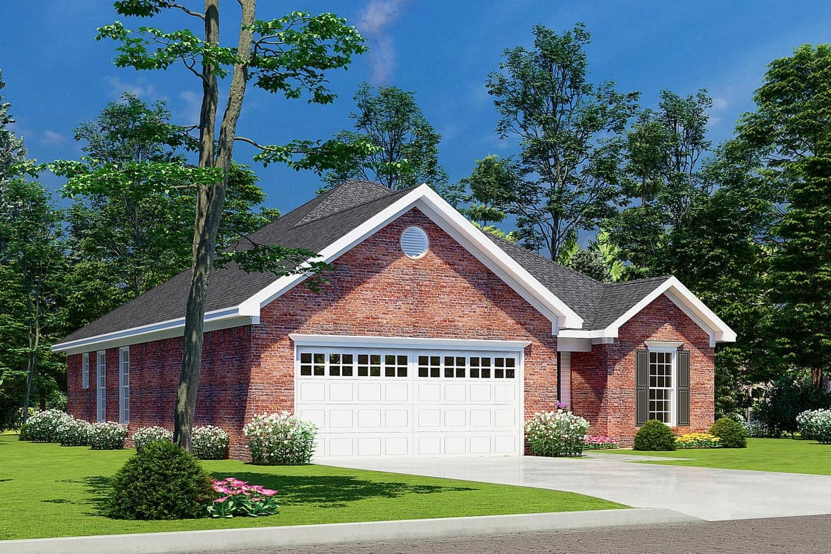 House plan exterior: One-story brick home with a two-car garage, prominent gable with circular vent, and white trim.