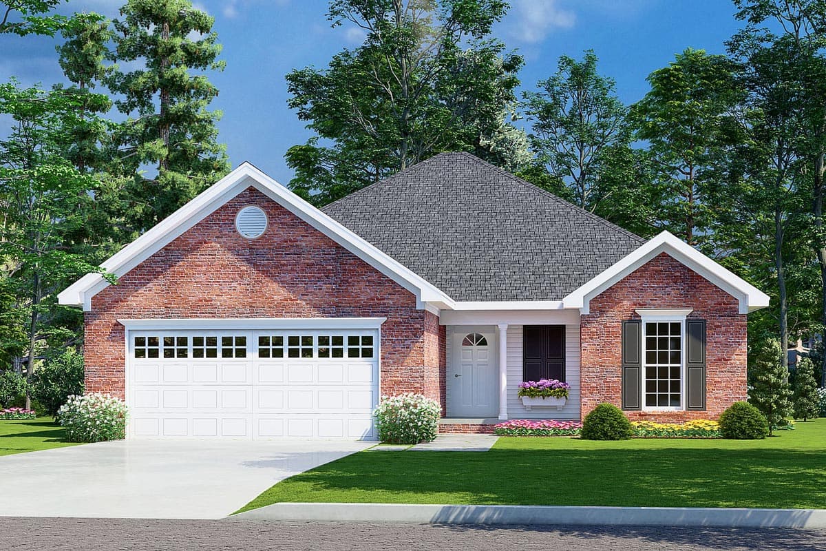 House plan exterior. Single-story Ranch with brick facade, gable roof, and attached garage. Includes a porch and shuttered windows.