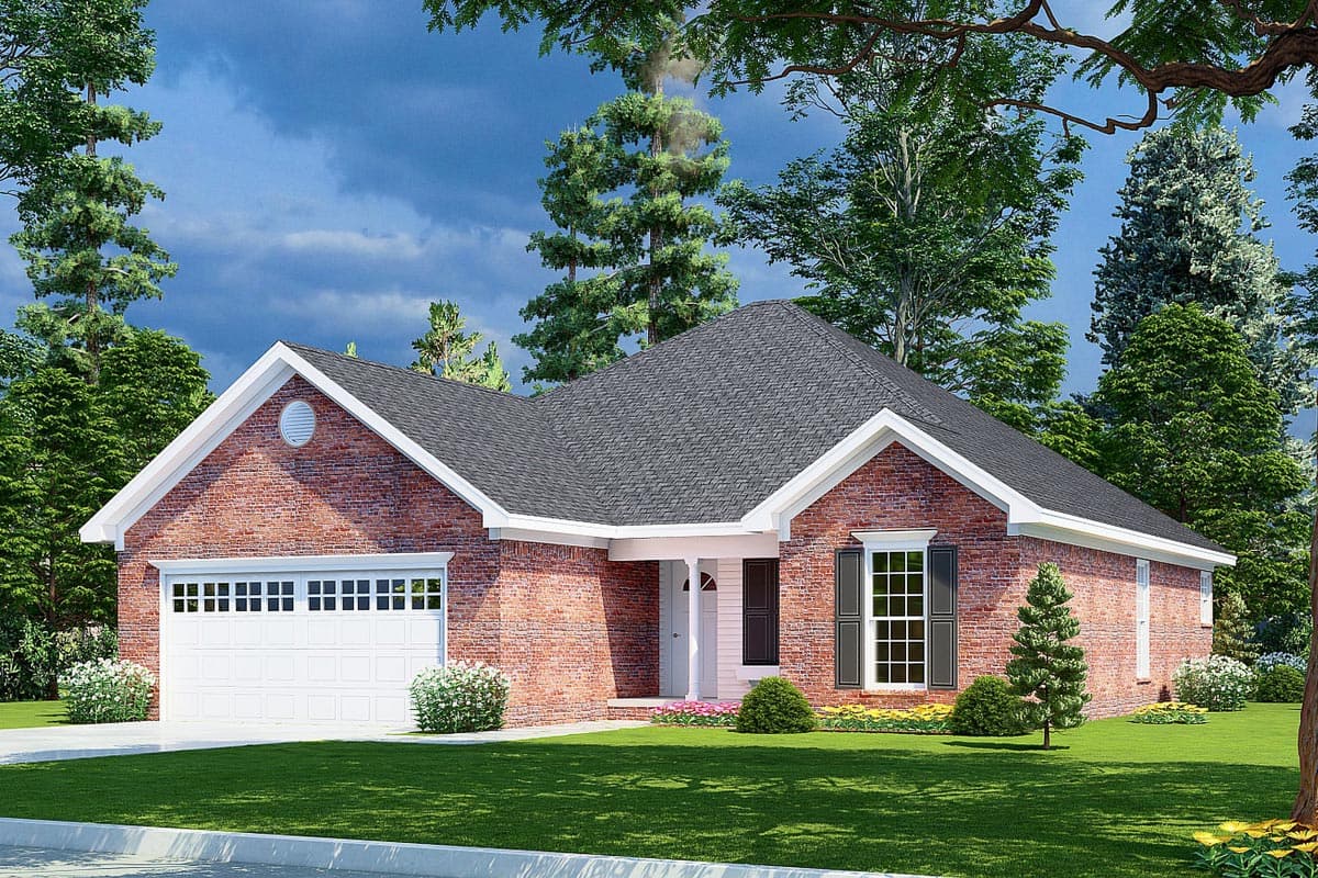 House plan exterior of a one-story brick home with a front-entry garage, gabled roof, and covered front porch.