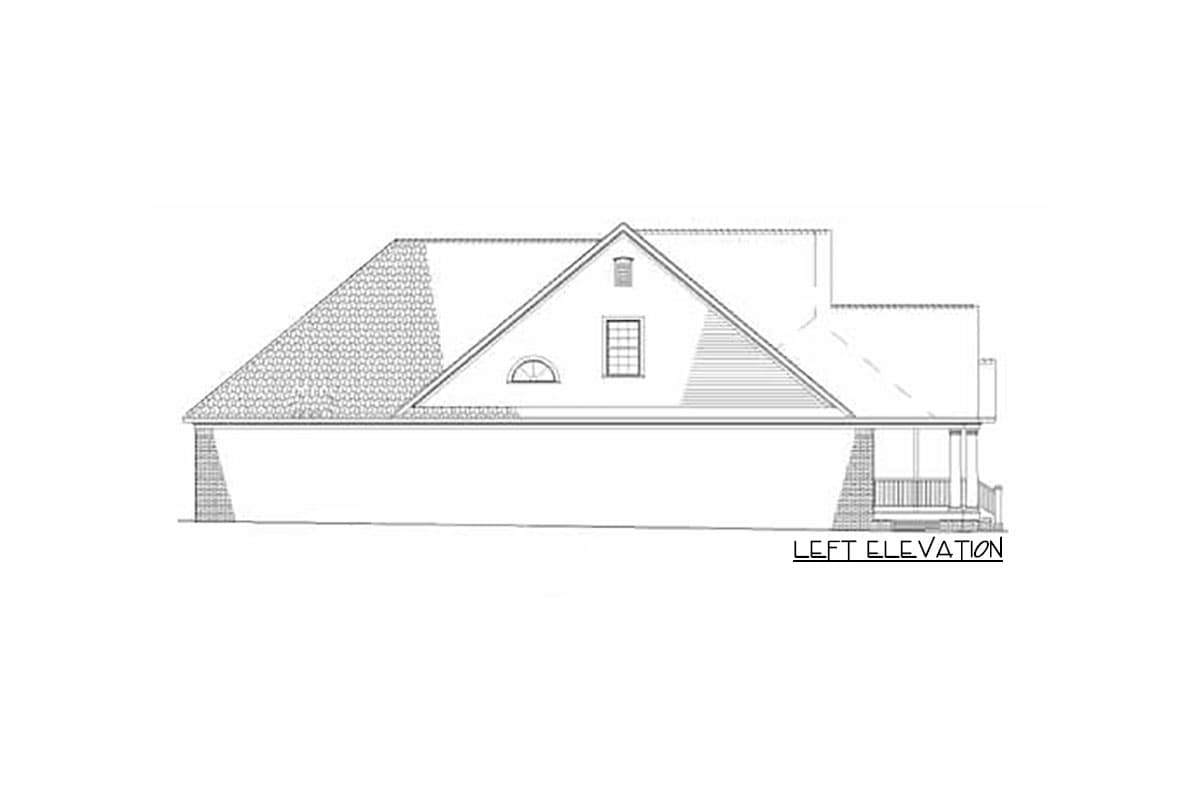 Left elevation house plan drawing showing a gambrel roof with dormer, arched window, and covered porch.