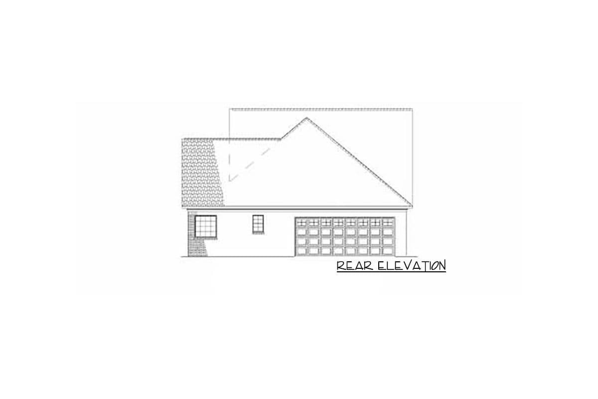 Rear elevation drawing of house plan with a gable roof, a two-car garage, and two windows.