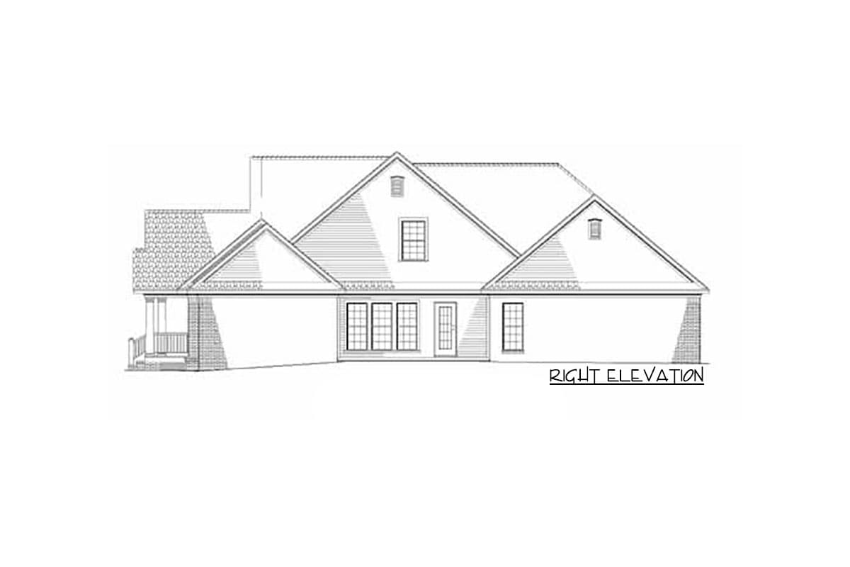 House plan right elevation drawing of a one-story home with a porch, multiple gables, and various window styles.