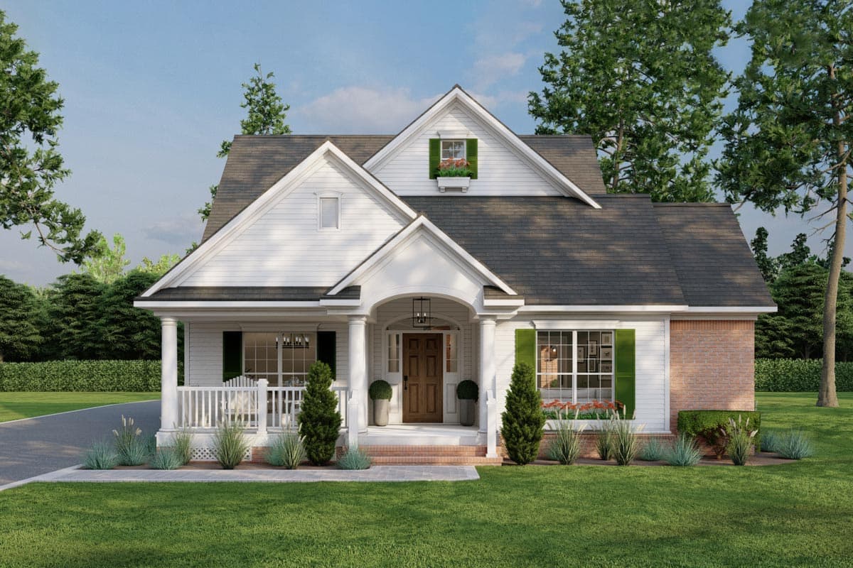 House plan exterior. Craftsman style, one-story home with a gabled roof and front porch. Includes a dormer window and brick accents.