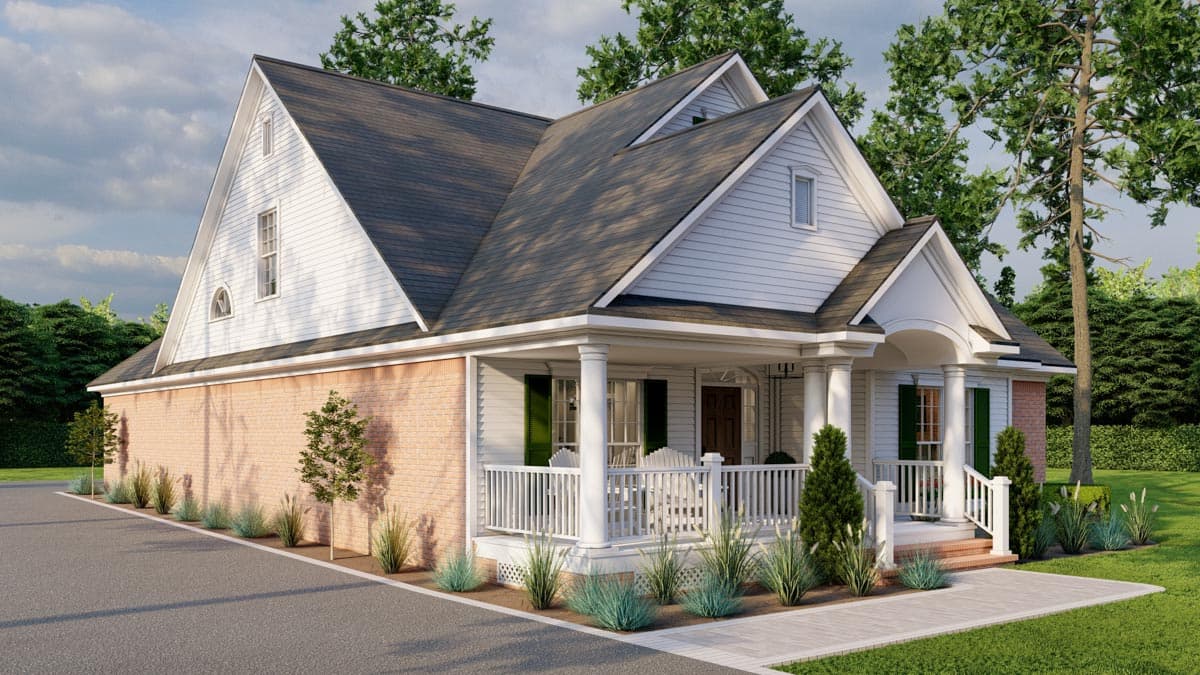 House plan exterior of a two-story Modern Farmhouse with a wrap-around porch, brick foundation, and prominent gables.