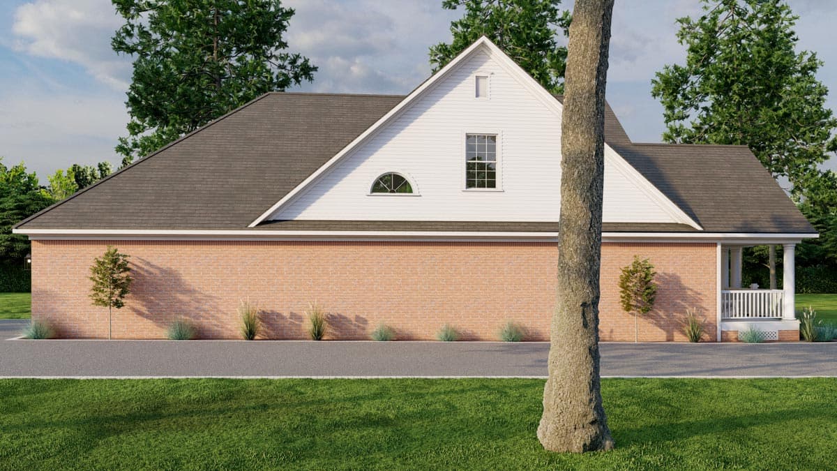 House plan exterior: One-story brick house with a gable dormer, arched window, and covered front porch with white railings.