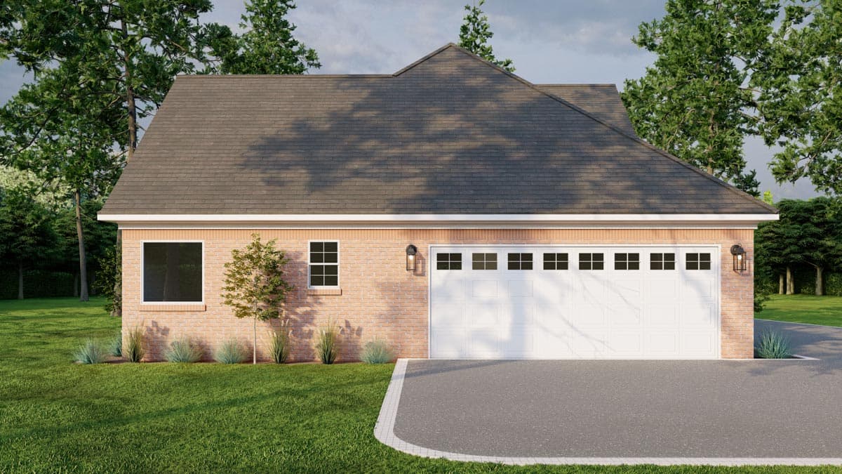 House plan exterior, brick facade, three-car garage, pitched roof, and two windows.