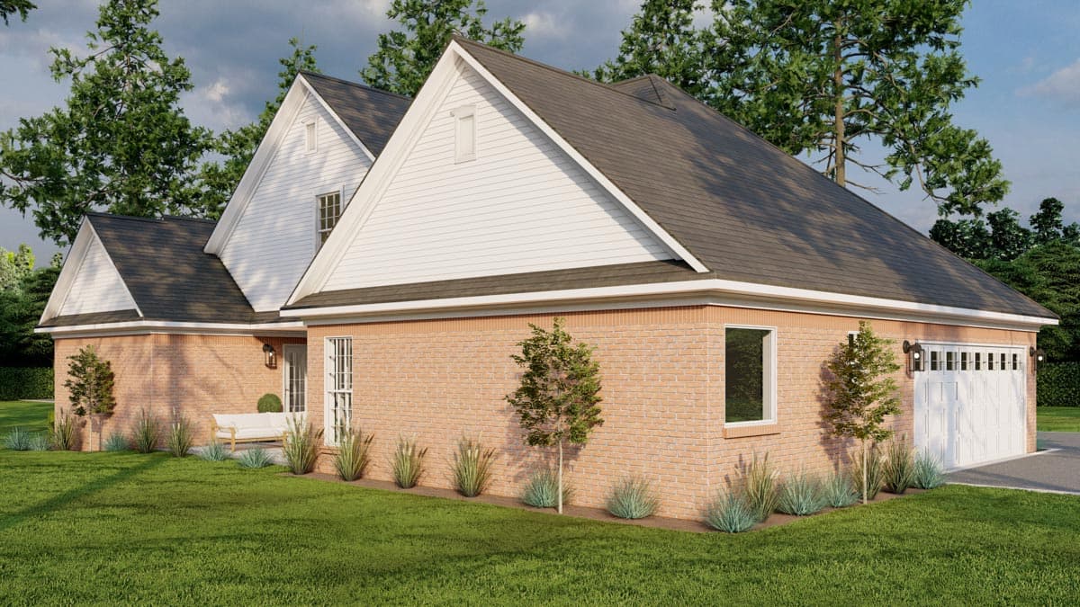 House plan exterior: Brick home with gabled dormers, white siding, and a three-car garage.