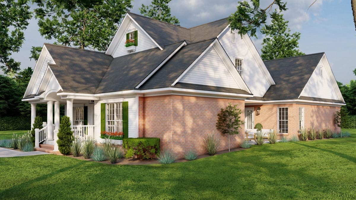 House plan exterior featuring a brick base, white siding, gables, dormers, and a covered porch with columns.