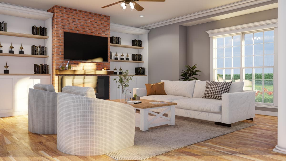 Living room with brick fireplace, built-in shelving, sofa, chairs, coffee table, and large window.
