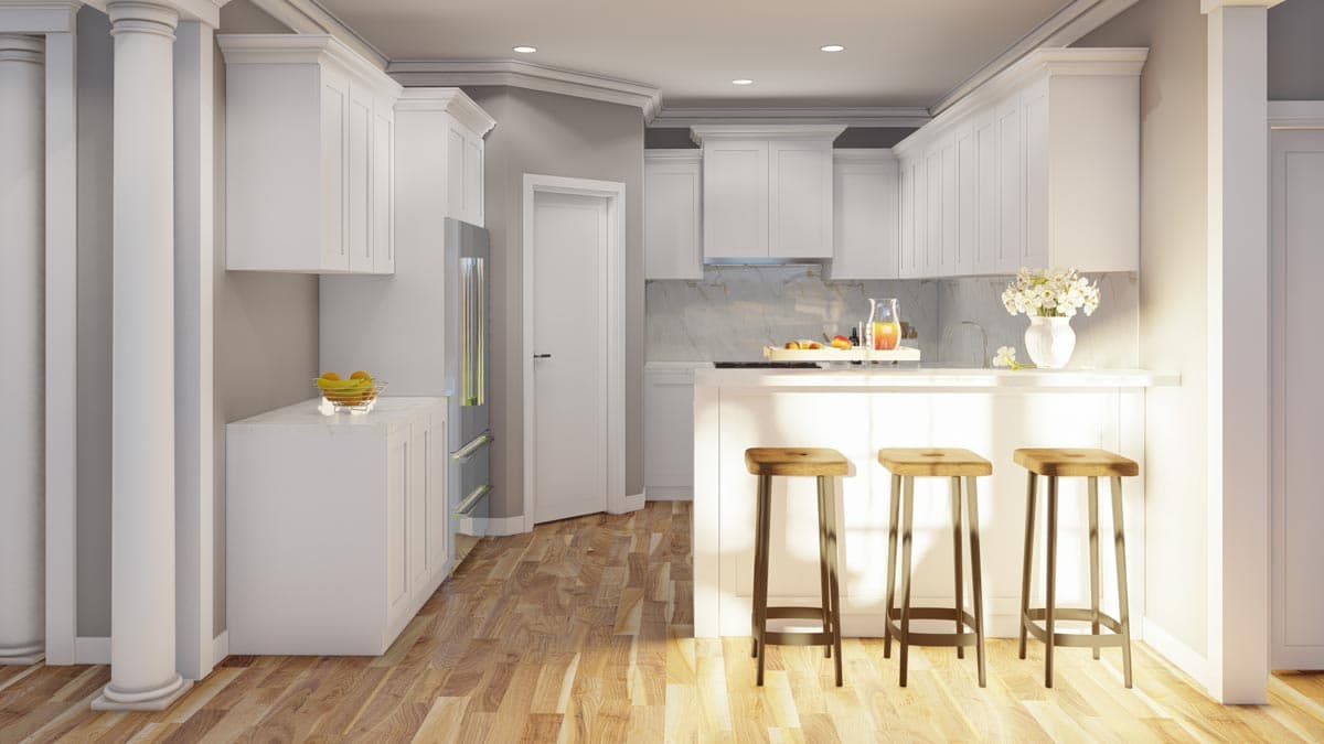 Interior rendering of a white kitchen with a breakfast bar, three stools, marble backsplash, and decorative columns.