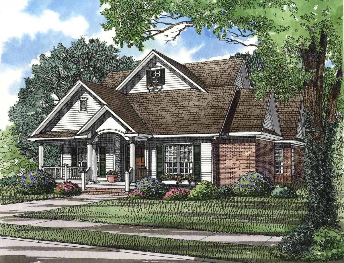 House plan exterior featuring a covered front porch with columns, multiple gables, a dormer, and a mix of siding and brick.
