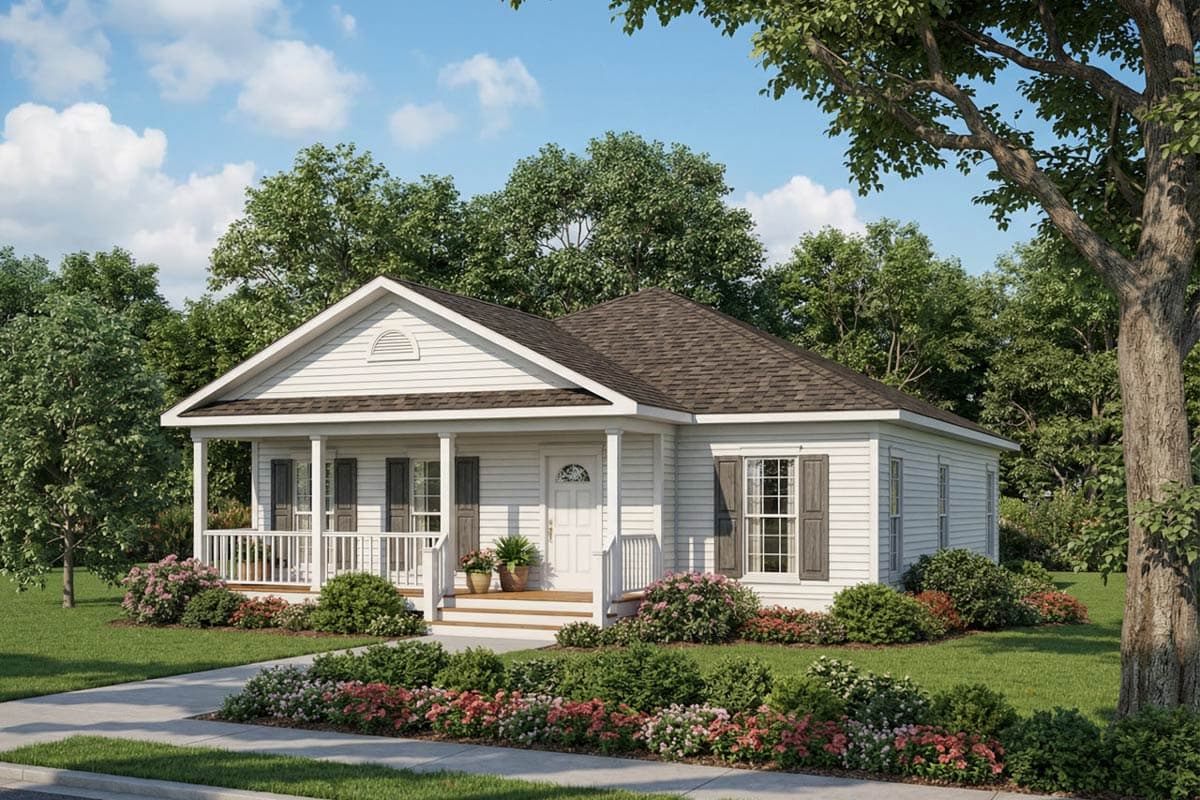 A white, single-story house with a porch and dark roof, set amidst green trees and a well-manicured lawn with colorful flower beds under a blue sky.