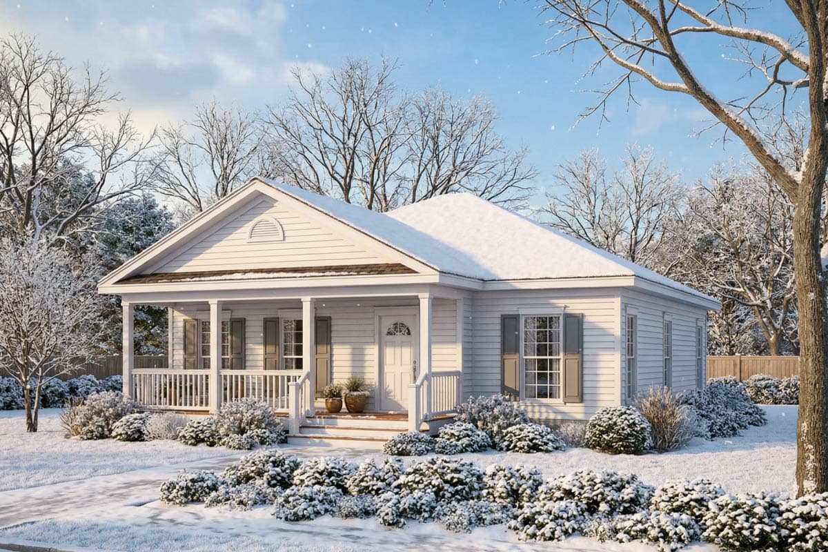 A white house with a covered porch and snow-covered roof, surrounded by snow-dusted bushes and bare trees, evoking a winter scene.