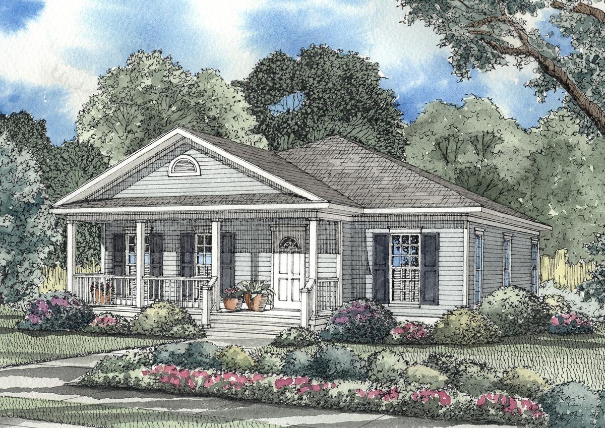 A watercolor rendering of a single-story house with a wraparound porch, blue siding, dark shutters, and landscaping, under a blue sky.