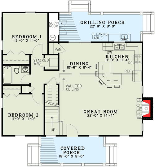 Plan 59123ND: 3-Bed Cabin Cottage Under 1400 Square Feet - Floor Plan - Main Level - Cabin, Cottage, Country, Mountain, Rustic, Vacation