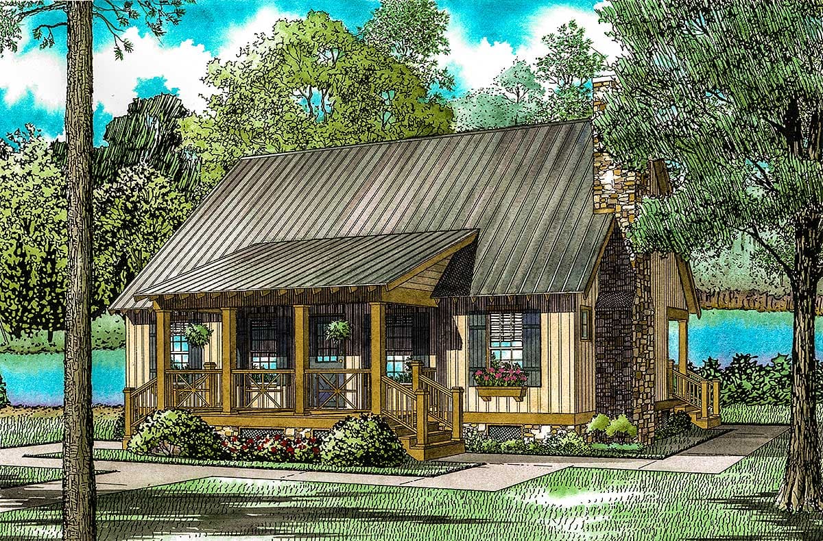 House plan exterior: One-story cabin with metal roof, stone chimney, and covered front porch with wooden posts.