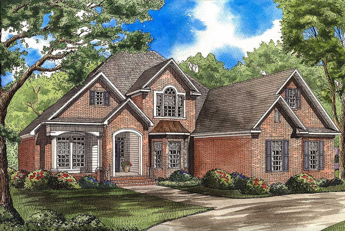 House plan exterior of a two-story brick home with a covered front porch, multiple gables, and a bay window.