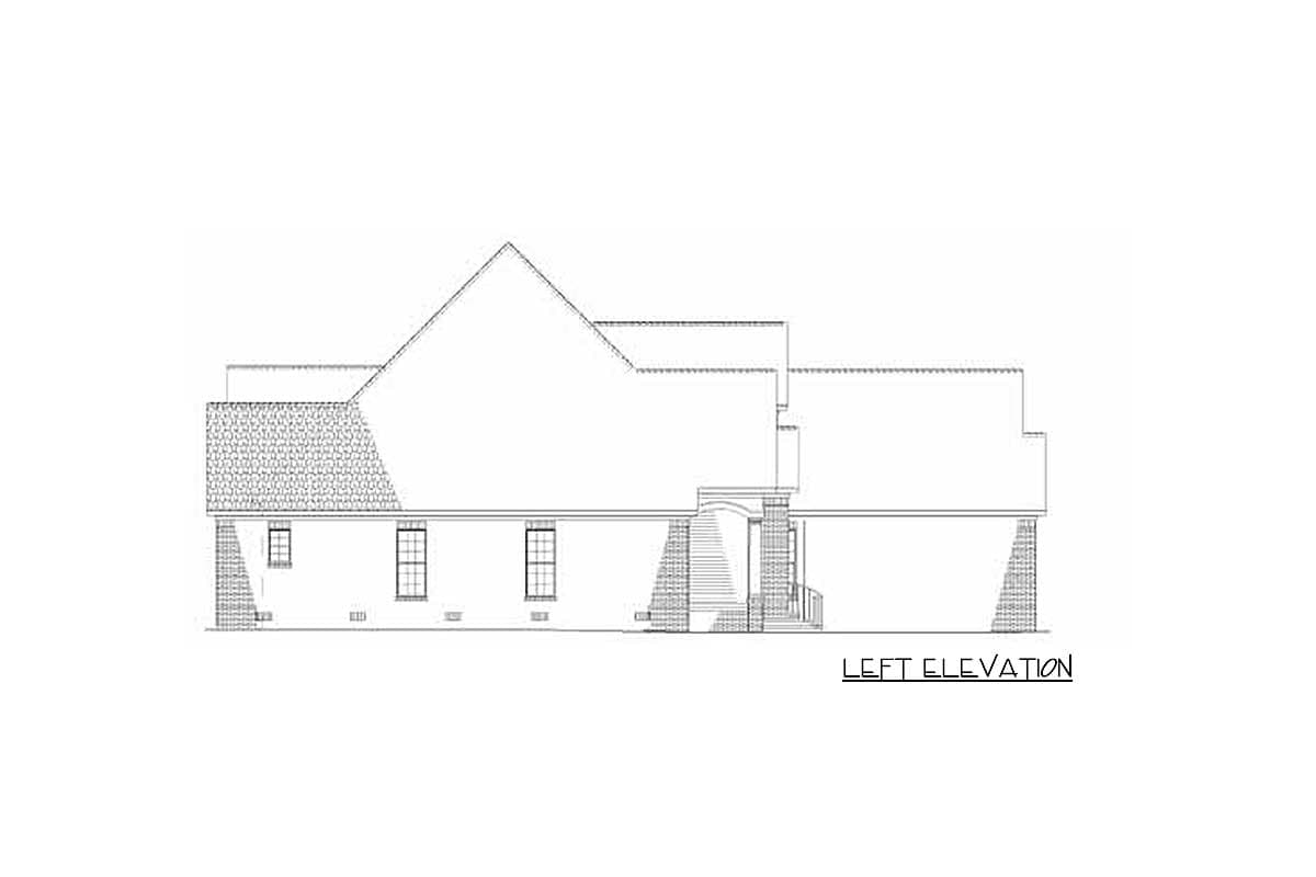 Left elevation drawing of a house plan featuring a prominent gable, dormers, and a stone-clad entry with columns.