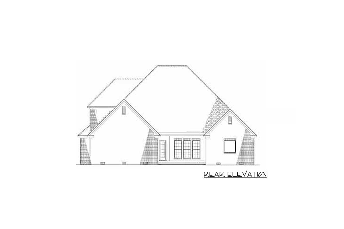Rear elevation drawing of a house plan with a prominent gabled roof, brick accents, and large window arrangement.