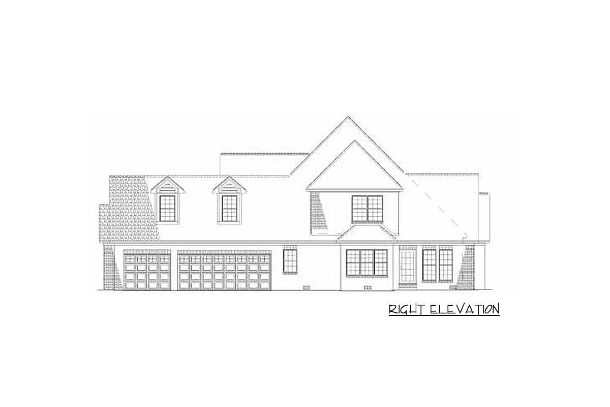 Right elevation house plan drawing showing a three-car garage, multiple dormers, and brick accents.