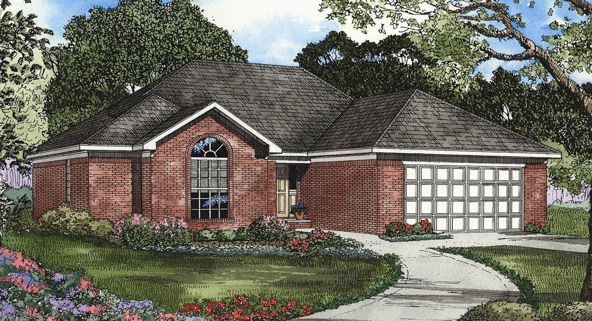 House plan exterior: Brick single-story home with gable roof, arched window, covered entry, and attached two-car garage.