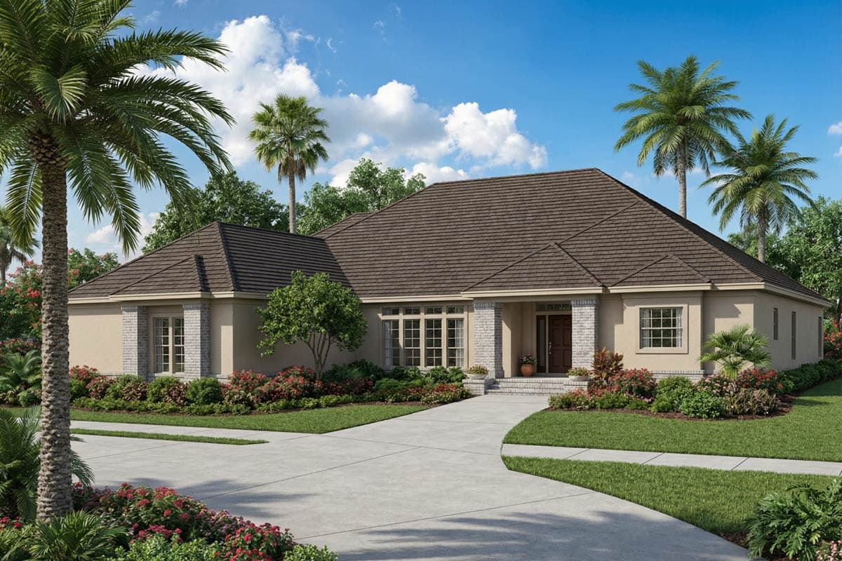 One-story house plan exterior with a gabled roof, stone accents, wide windows, and covered entry porch.