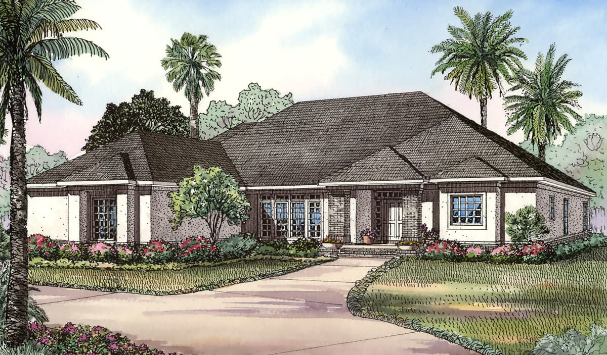 House plan exterior rendering of a single-story home with a hip roof, multiple gables, and a covered entryway.