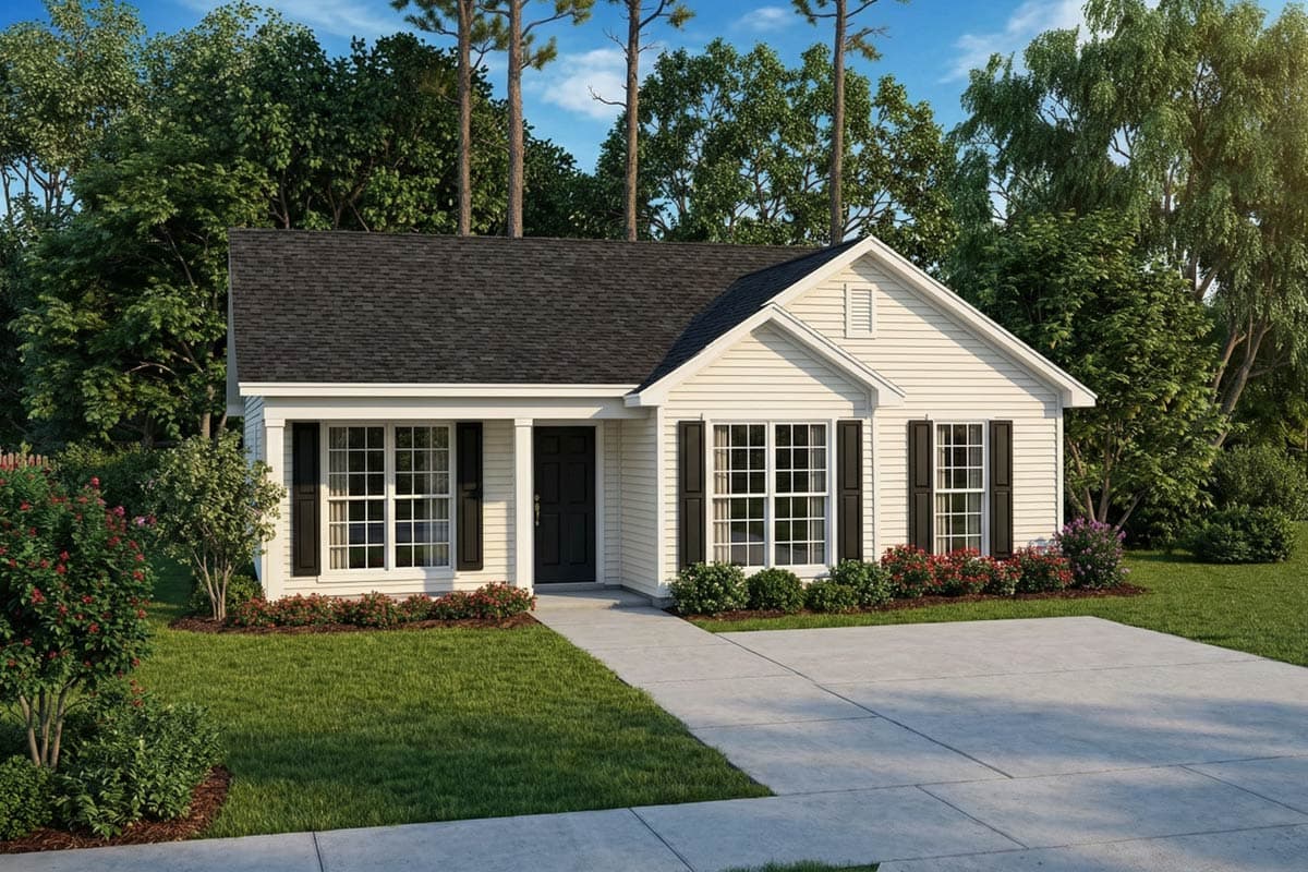 A white, one-story house with a black roof, shutters, and door, surrounded by a green lawn, flowers, and trees, with a concrete driveway.