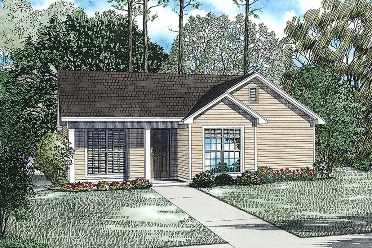 House plan exterior. Single-story ranch home with a covered front porch, gabled dormer, and double-hung windows.