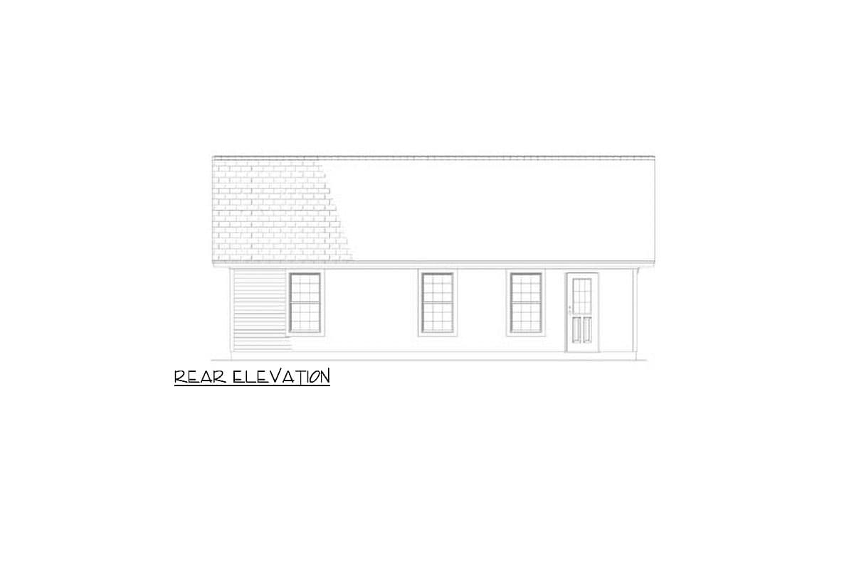 Rear elevation drawing of a house plan with three windows and one door.