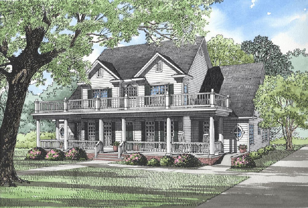 House plan exterior: Two-story home with wraparound porch, upper-level balcony, dual gables, and dormer windows.