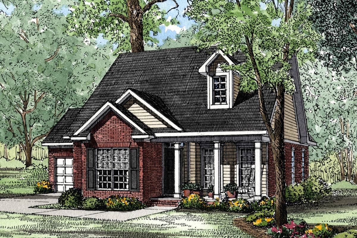 House plan exterior: Traditional style, two-story, brick front with gabled entrance, porch with columns, and dormer window.