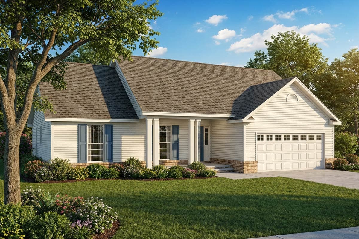 A white, one-story house with a grey roof and blue shutters. The house has a garage and is surrounded by a well-manicured lawn and trees.