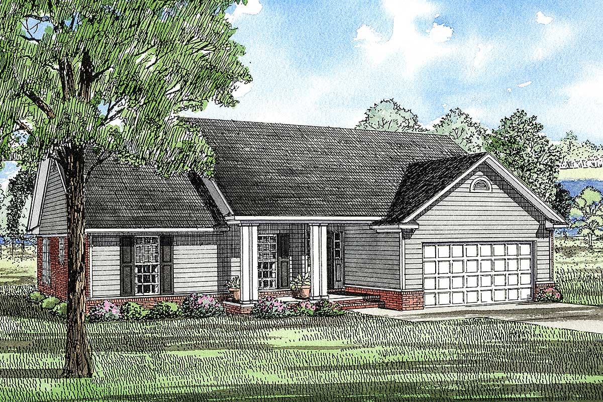 House plan exterior: One-story house with covered front porch, gabled dormer, and attached garage.