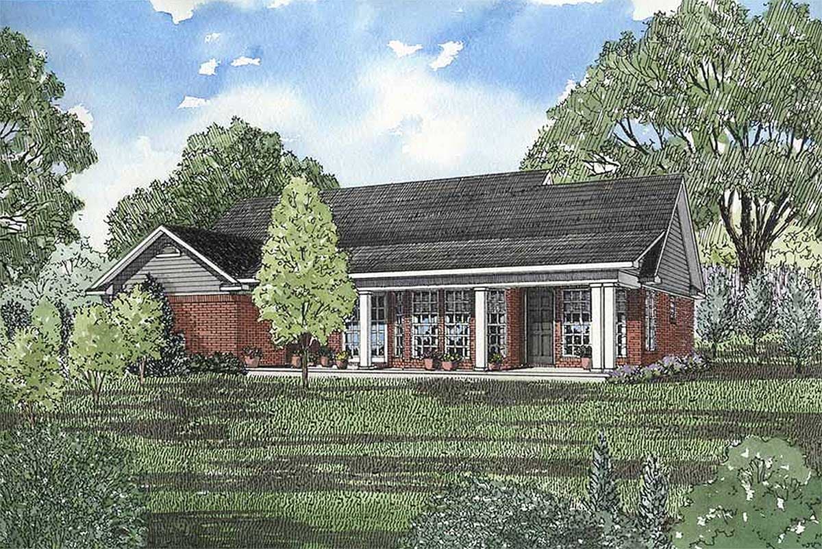 House plan exterior: Ranch style, one story, brick facade with a covered porch supported by columns and multiple gables.