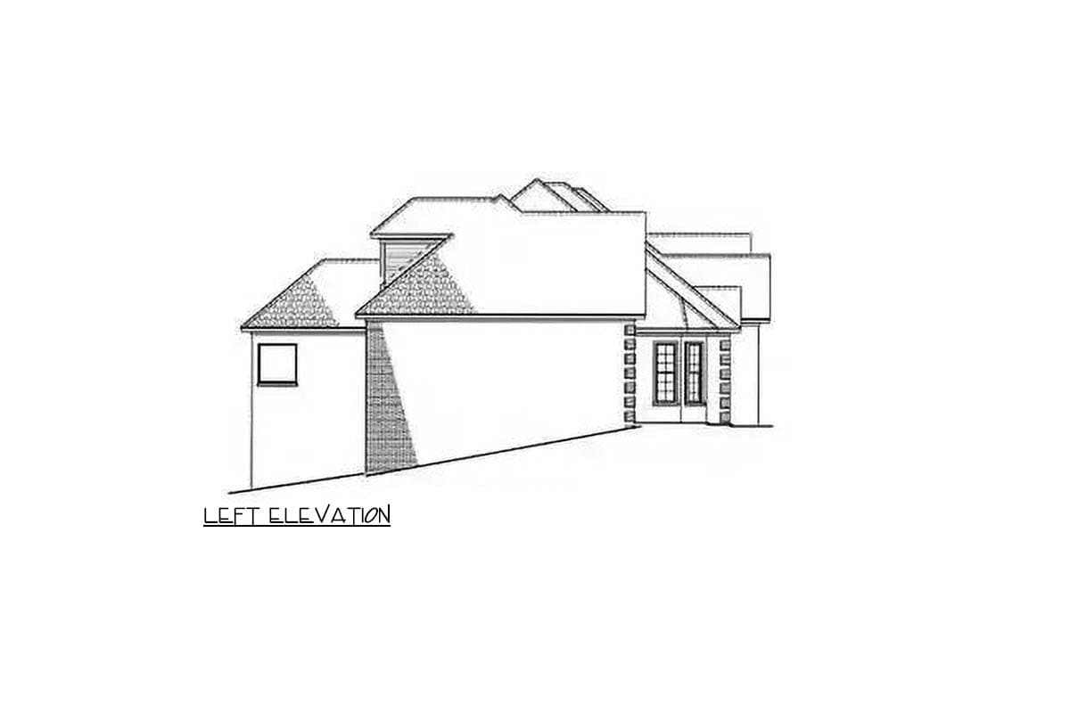 Left elevation drawing of a house plan showing varied rooflines, a small square window, and double doors with decorative trim.