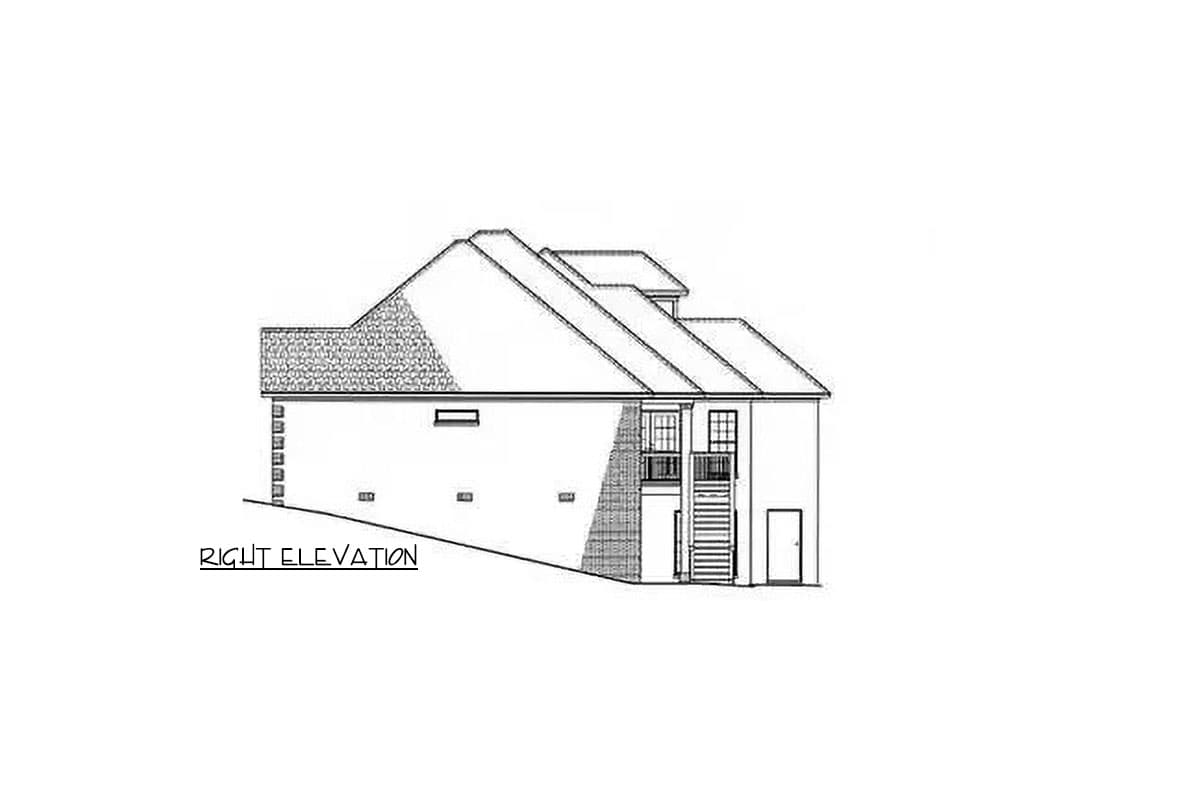 Right elevation house plan showing a two-story structure with a prominent gable roof, dormer, balcony, and exterior stairs.