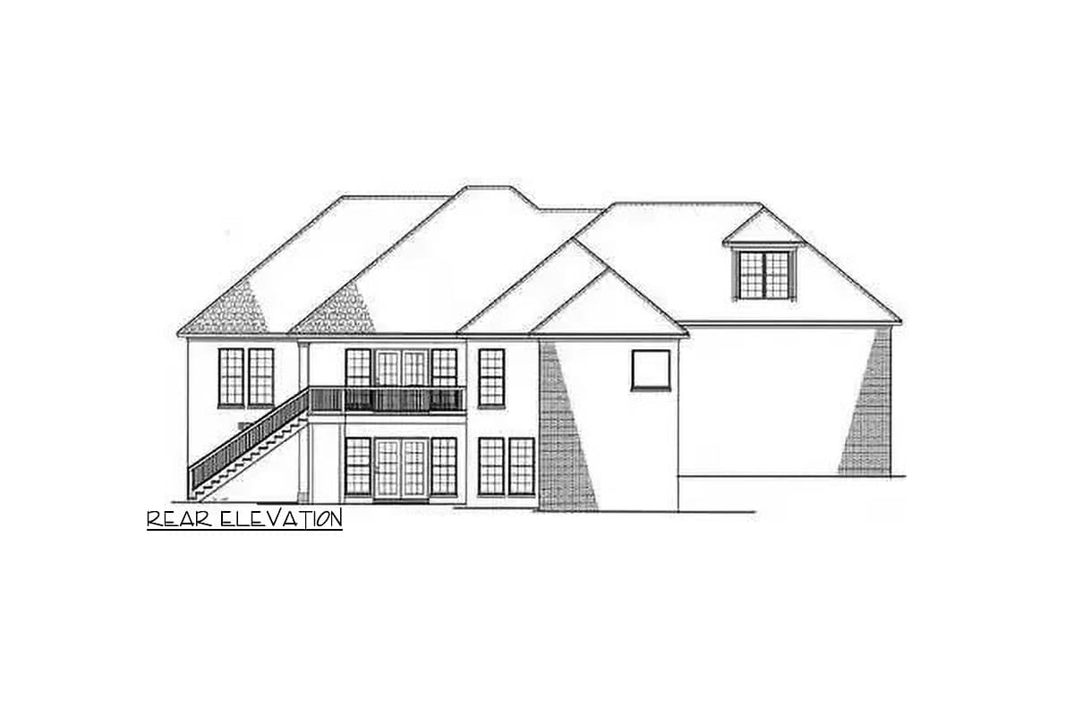 Rear elevation house plan drawing showing a two-story house with a deck, multiple windows, and a dormer.