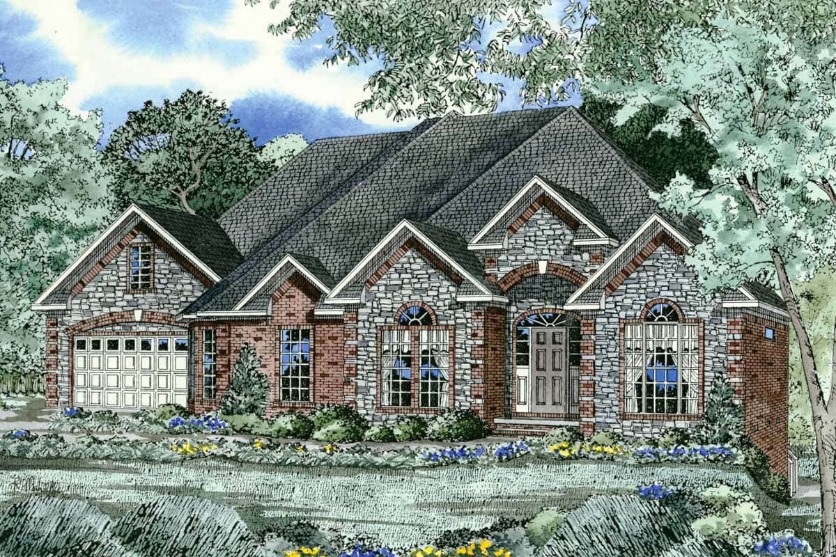 House plan exterior: One-story home with brick and stone facade, prominent gables, arched windows, and attached garage.